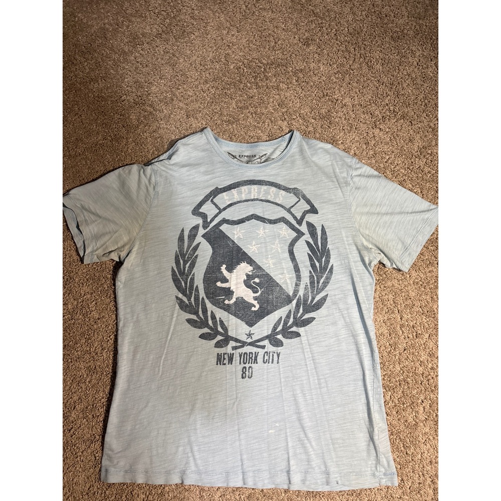 Express Mens Light Blue Graphic Tee Lion Crest New York 80 Slub Knit Shirt XL